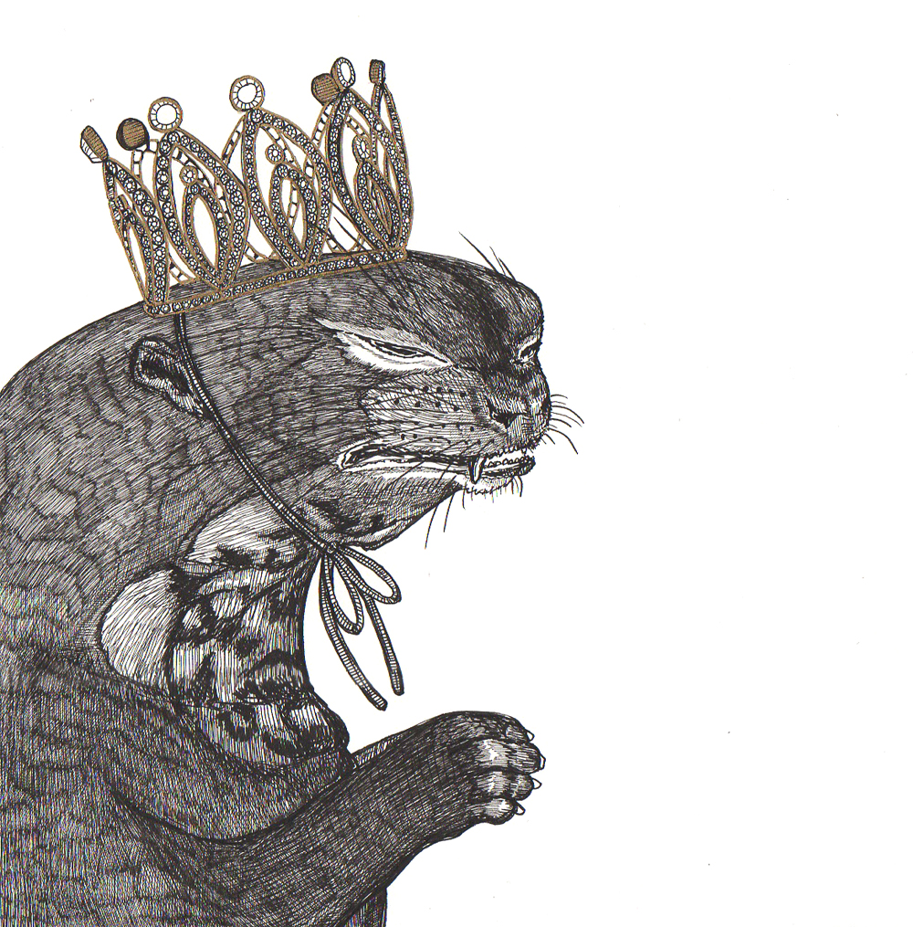 crying otter in a glittering gold crown drawn in black ink