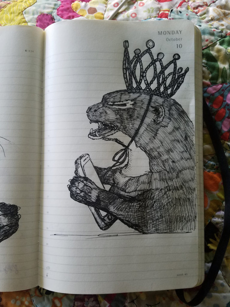 ink drawing of a crying otter in a crown