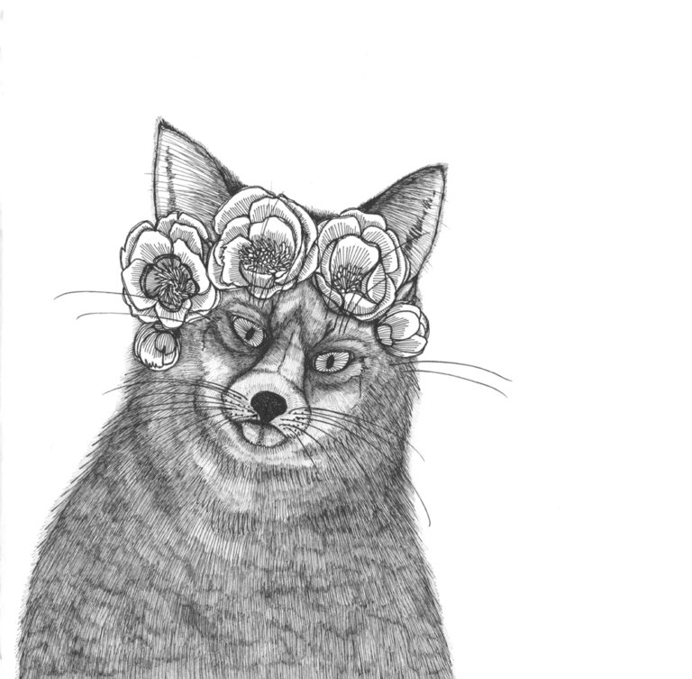 ink drawing of a fox wearing a crown of peonies