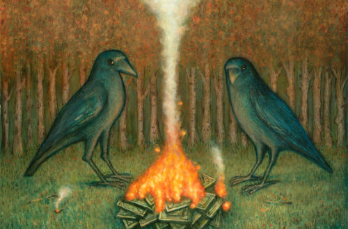 A pair of crows warm themselves around a campfire of burning dollar bills.