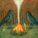 A pair of crows warm themselves around a campfire of burning dollar bills.