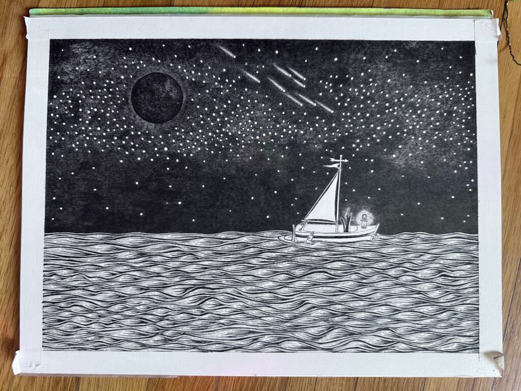 An ink drawing of a mostly finished ink drawing of a little black cat in a sailboat under a new moon with shooting stars on a stylised open ocean.